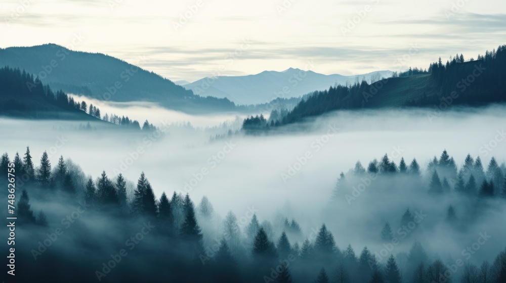 a forest filled with lots of trees covered in a blanket of fog in the distance is a mountain range covered in low lying clouds.