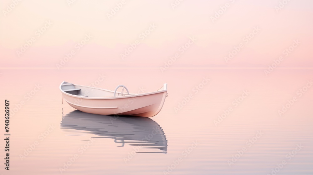a small boat floating on top of a large body of water with a pink sky in the backround.