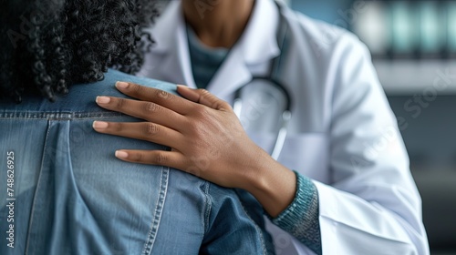 Compassionate African American doctor in a lab coat supporting a patient, hand resting on the shoulder, conveying empathy and care