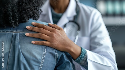 Compassionate African American doctor in a lab coat supporting a patient, hand resting on the shoulder, conveying empathy and care © Anna Zhuk