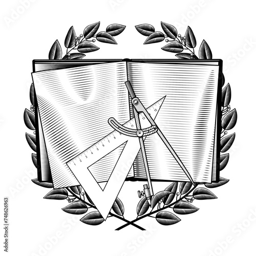 Old open book with an antique measuring compass and a set square in laurel wreath frame isolated on white. Vintage black and white engraving stylized  drawing. Vector illustration © Raman Maisei