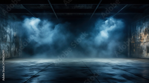 Dark blue background, an empty dark scene, neon light, and spotlights The concrete floor and studio room with smoke float up the interior texture for display products.