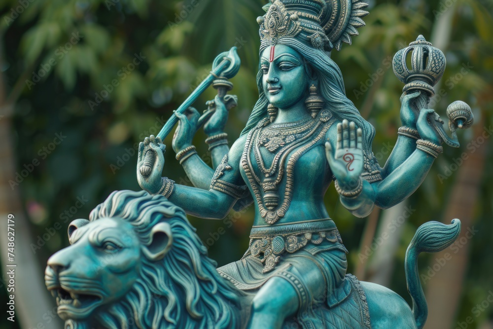 Deity Riding a Lion - Hindu Goddess Durga Statue. Fictional Character Created By Generated By Generated AI.