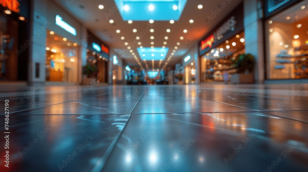 Shopping mall, department store interior with the supermarket for background. blurred image