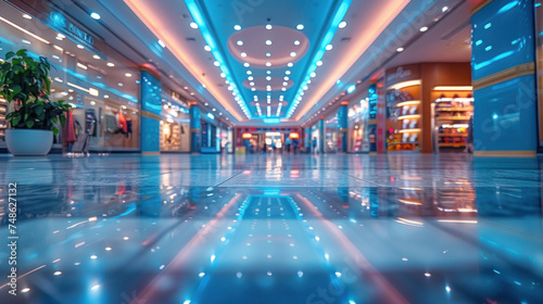 Shopping mall, department store interior with the supermarket for background. blurred image