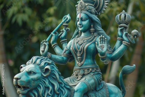 Deity Riding a Lion - Hindu Goddess Durga Statue. Fictional Character Created By Generated By Generated AI. photo