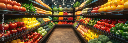 Supermarket aisle and Fresh vegetables on the shelf, with colorful shelves, diverse assortment of products. photo