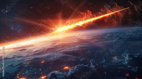 The meteorite is approaching the planet  Burning exploding asteroids from deep space are approaching planet Earth. View from outer space