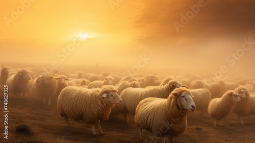 a herd of sheep standing on top of a dry grass field under a cloudy sky with the sun in the distance.