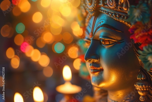 Serene Hindu Goddess Statue with Glowing Eyes. Fictional Character Created By Generated By Generated AI. © shelbys