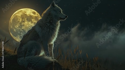 A night moment with a beautiful wolf in the background, the full moon is shining. Generative AI © Dvid