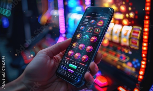 A gamer holding a mobile phone with online casino app interface, neon glowing photo