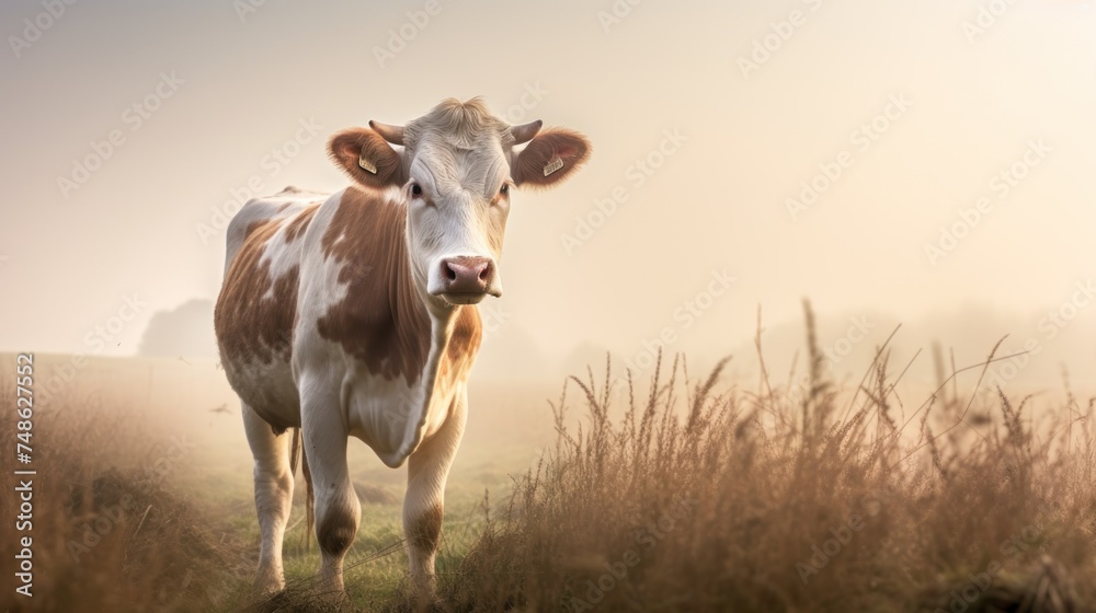 a brown and white cow standing on top of a grass covered field next to a field of tall dry grass.