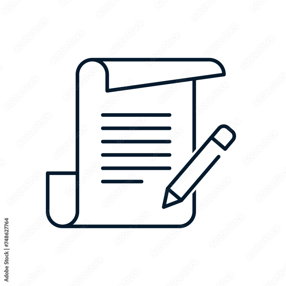 A sheet of paper and a pencil. Concept important entry. Vector linear icon isolated on white background. A sheet of paper and a pencil. Concept important entry. Vector linear icon isolated on white background.