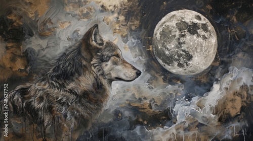A night moment with a beautiful wolf in the background  the full moon is shining. Generative AI