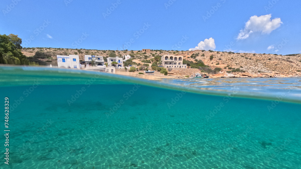 Underwater split photo of paradise crystal clear sea beach of Agios Georgios in main port of Irakleia island covered in Armirikia trees providing natural shade, small Cyclades, Greece