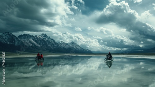 a couple of people riding on of a bike across a large body of water with mountains in ground.