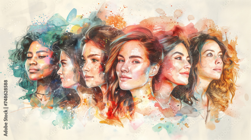 Happy Women's Group Celebrating International Women’s Day Together, Watercolor Style Illustration Created by Generative AI