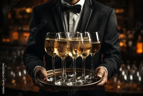 a waiter in a suit stands with a tray on which there are two glasses of champagne for guests of a luxury restaurant