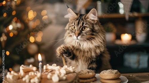 Birthday cat celebration. Adorable cat with birthday cake