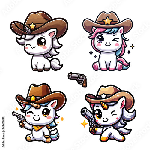 Cute cartoon characters of a unicorn dressed as a cowboy. Wear a cowboy hat and carry a gun. cartoon illustration on a white background.