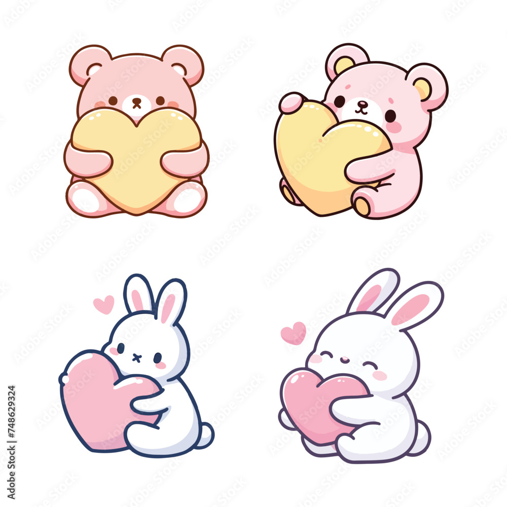 Cute cartoon characters of pink little bear hugs yellow heart pillow and a little white rabbit hugging a pink heart pillow. cartoon illustration on a white background.