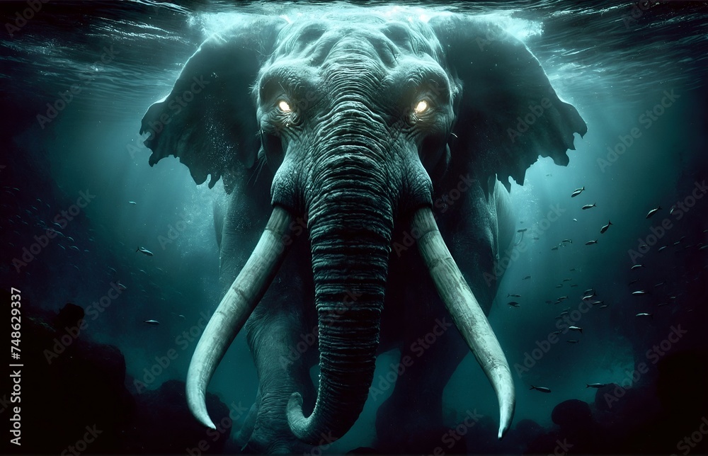 a gigantic, terrifying elephant swimming under the water
