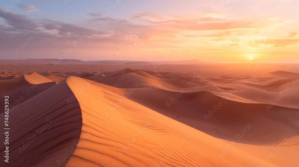 a group of sand dunes with the sun setting in the distance in the distance is a vast expanse of sand dunes.