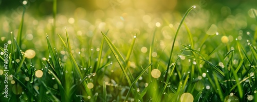 Fresh grass with water drops, extremely close-up and with a shallow depth of field for a cinematic exposure.