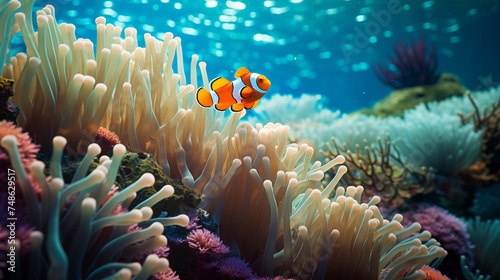 Clownfish Swimming Amongst Coral Reefs. Generative AI. © Yerjung