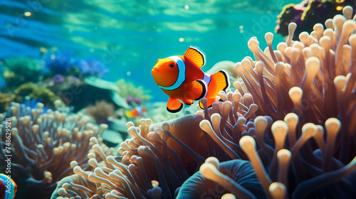 Clownfish Swimming Amongst Coral Reefs. Generative AI.