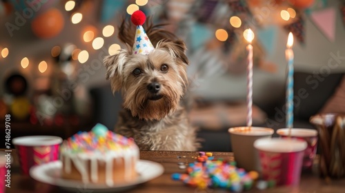 Birthday dog celebration. Adorable dog with birthday cake. Playful canine celebration