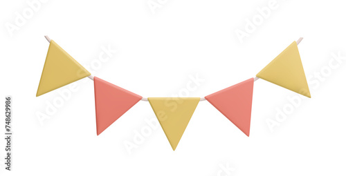 3D colorful flag garland hanging decoration isolated on white. Yellow and orange 3D triangle flag garland birthday party decor, autumn harvest festival, happy holiday anniversary celebration.