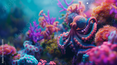 Vivid Underwater Snapshot of Octopus in Vibrant Seascape. Generative AI.