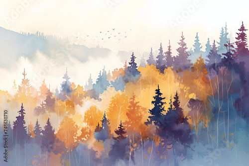 Watercolor illustration of a misty forest in autumn colors. Atmospheric landscape concept with copy space for interior design and print. 