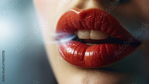 beautiful female lips, a half-smoked cigarette with light smoke from the nostrils.