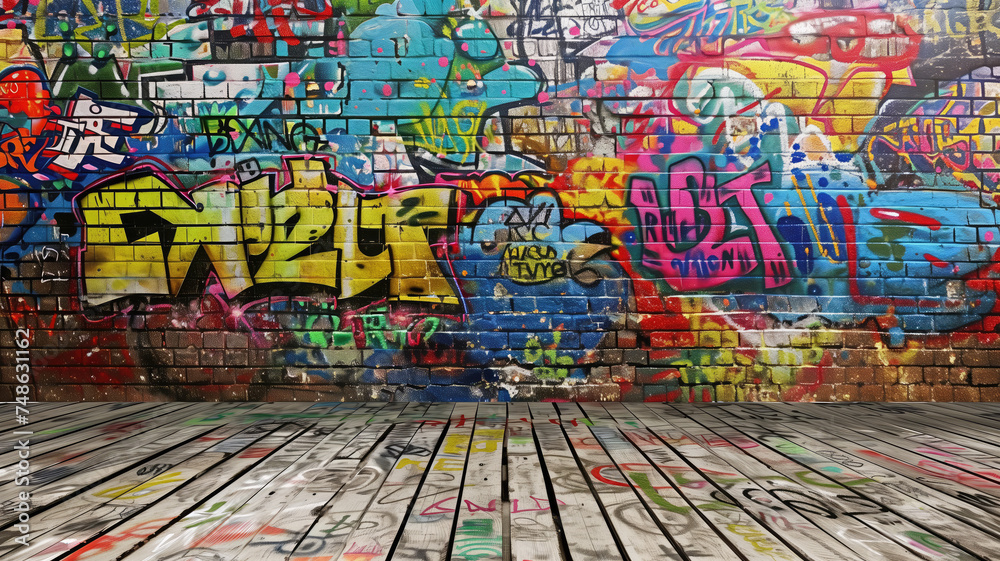 Obraz premium Graffiti Wall Abstract Background: A Vibrant and Dynamic Generative AI Art Piece - Perfect for Artistic Pop Art Backdrops