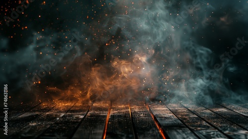 Smoke fumes at the edges of a wooden table with fire particles and sparks against a dark background. Copy space.