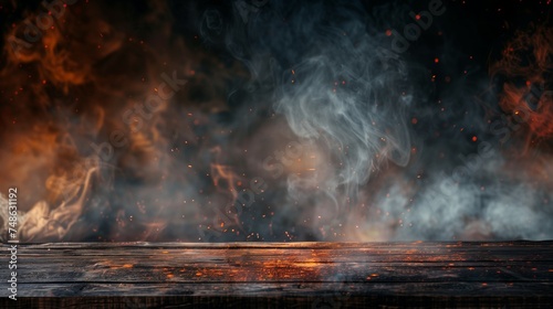 Smoke fumes at the edges of a wooden table with fire particles and sparks on a dark background. Copy space.