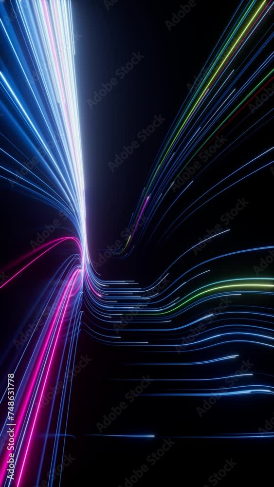 Abstract black vertical video with pink and blue neon glowing lines that move into the distance, curve and fade away. 3d render motion speed of light and hypertunnel. Movement from down to up.