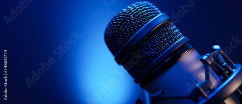 Close up of modern blue microphone on blue background. Poster or flyer with copy space. Generative ai.