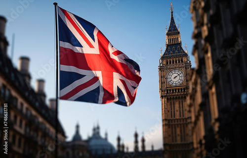 City of London flag background. London Big Ben, Elizabeth tower in England and flag of Great Britain, United Kingdom. Flag of England and the United Kingdom, UK. Great Clock and Union Jack of England