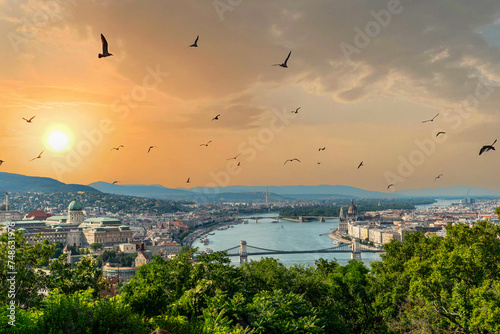 City ​​of Budapest. Urban landscape panorama with chain bridge over the Danube, old buildings and opera domes. Hungary