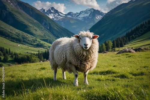 A vibrant fluffy white sheep stands in a lush green field surrounded by towering mountains.