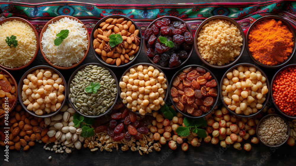 Assorted nuts, seeds, and spices in bowls on a vibrant textile. A variety of textures and colors create a visual feast. This image is perfect for: food photography, culinary art, ingredient selection.