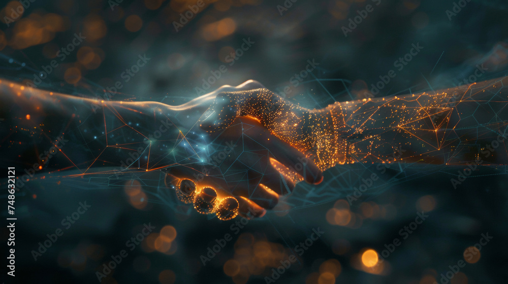 Handshake between digital partners. Digital twins and artificial intelligence processes for computer-aided manufacturing. - obrazy, fototapety, plakaty 