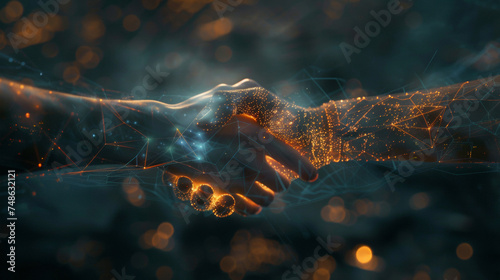 Handshake between digital partners. Digital twins and artificial intelligence processes for computer-aided manufacturing. photo