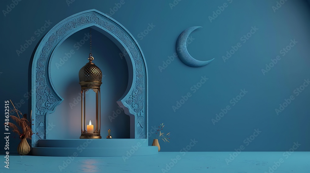 Islamic decoration background with lantern and crescent moon luxury style, ramadan kareem, mawlid, iftar, isra miraj, eid al fitr adha, muharram, copy space text area, 3D illustration. Generative Ai - obrazy, fototapety, plakaty 