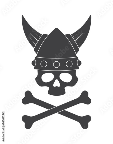 Vector skull with crossed skulls and viking helmet with horns. Isolated on white background
