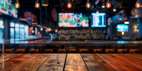 Empty wooden counter in sports bar or pub with blurred TV displays with sporting events at the bar background © KEA